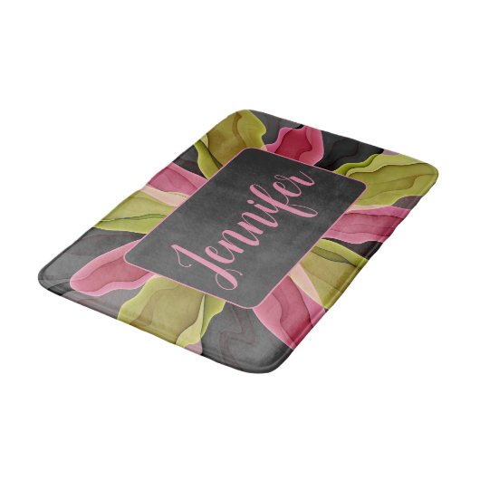 Roze groene anthracite Fantasy Flower Fractal Name Badmat (Gekanteld)