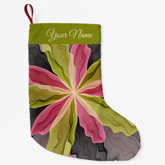 Roze groene anthracite Fantasy Flower Fractal Name Kleine Kerstsok (Voorkant)