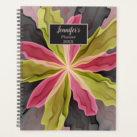 Roze groene anthracite Fantasy Flower Fractal Name Planner (Voorkant)