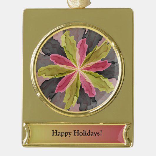 Roze groene antracite Fantasy Flower Custom Verguld Banner Ornament (Voorkant)