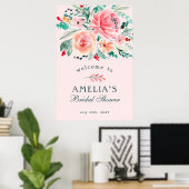 Roze Groene Aquarel Bloem Bruiloft Feest Verwelkom Poster (Thuiskantoor)