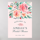 Roze Groene Aquarel Bloem Bruiloft Feest Verwelkom Poster (Voorkant)