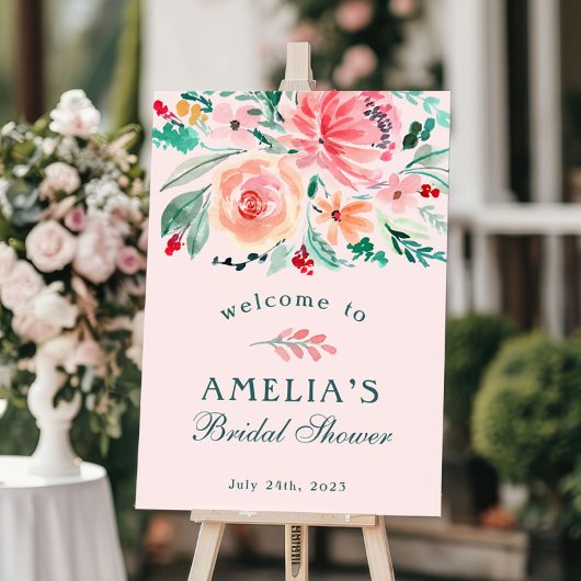 Roze Groene Aquarel Bloem Bruiloft Feest Verwelkom Poster