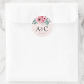 Roze & Groene Aquarel Bloemen Bruiloft Monogram Ronde Sticker (Tas)