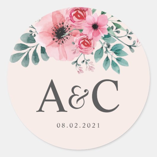 Roze & Groene Aquarel Bloemen Bruiloft Monogram Ronde Sticker (Voorkant)
