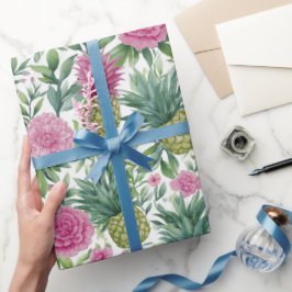 Roze Groene Aquarel Bloemige Ananas Patronen Cadeaupapier