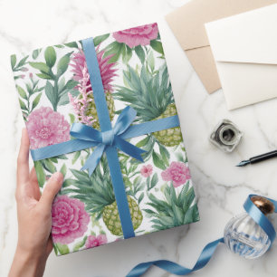 Roze Groene Aquarel Bloemige Ananas Patronen Cadeaupapier