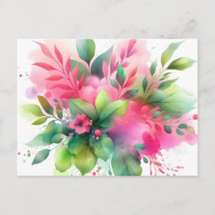 Roze Groene Aquarel Botanische Bloei Feestdagenkaart