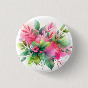 Roze Groene Aquarel Botanische Bloei Ronde Button 3,2 Cm
