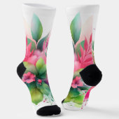 Roze Groene Aquarel Botanische Bloei Sokken (Gebogen)