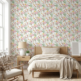 Roze Groene Aquarel Wilde Bloem Behang