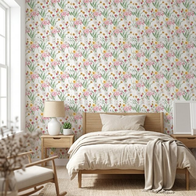 Roze Groene Aquarel Wilde Bloem Behang (Pink Green Watercolor Wildflower Floral Wallpaper)