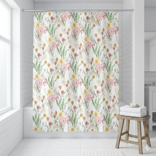 Roze Groene Aquarel Wilde Bloem Douchegordijn