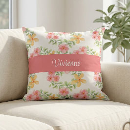 Roze Groene Aquarel Wilde Bloem Initiaal Naam Kussen