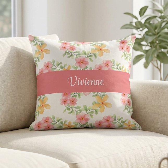 Roze Groene Aquarel Wilde Bloem Initiaal Naam Kussen (Pink Green Watercolor Wildflower Monogram Name Throw Pillow)