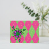 Roze & Groene Argyle & Bloem Briefkaart (Staand voorkant)