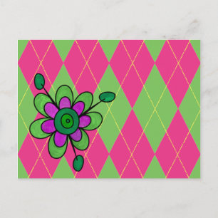 Roze & Groene Argyle & Bloem Briefkaart