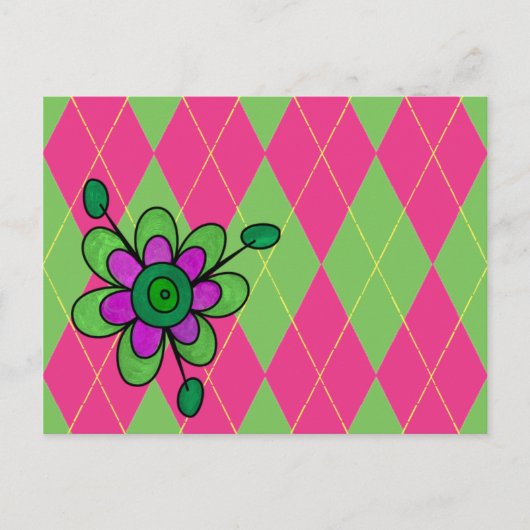 Roze & Groene Argyle & Bloem Briefkaart (Voorkant)