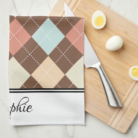 Roze & Groene Argyle Gepersonaliseerd Theedoek (Quarter Fold)