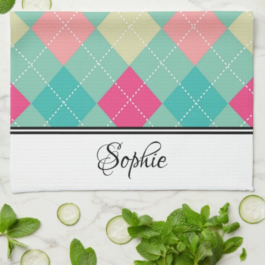 Roze & Groene Argyle Gepersonaliseerd Theedoek (Gevouwen)