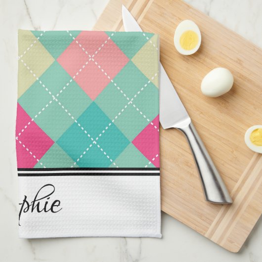 Roze & Groene Argyle Gepersonaliseerd Theedoek (Quarter Fold)