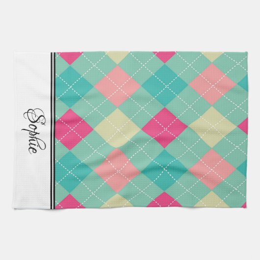 Roze & Groene Argyle Gepersonaliseerd Theedoek (Horizontaal)