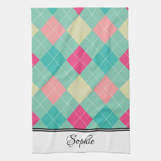 Roze & Groene Argyle Gepersonaliseerd Theedoek (Verticaal)