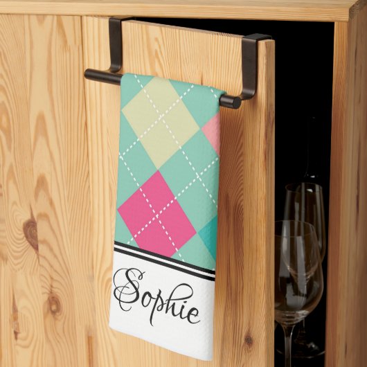 Roze & Groene Argyle Gepersonaliseerd Theedoek (Derde Gevouwen)