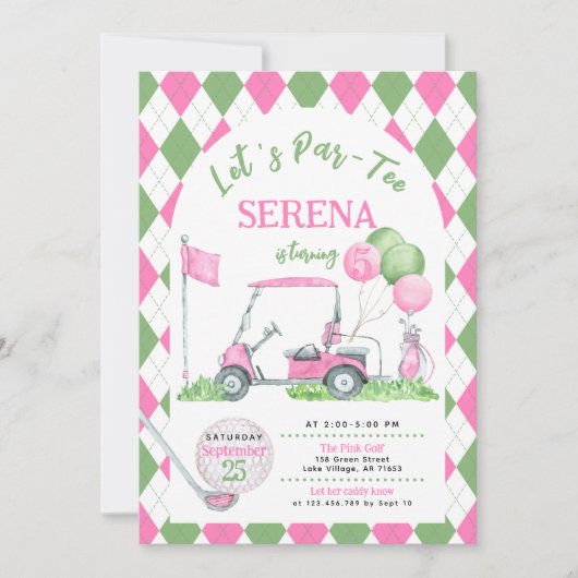 Roze Groene Argyle Golf Verjaardag Par-T-shirt Uit Kaart (Voorkant)