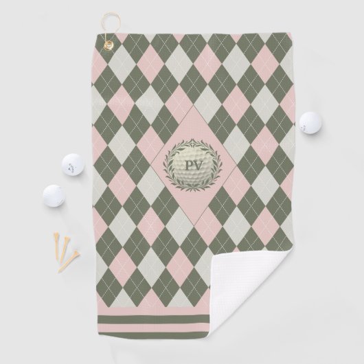 Roze Groene Argyle Monogrammed Golfhanddoek (Insitu)