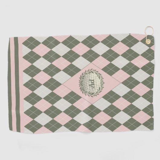 Roze Groene Argyle Monogrammed Golfhanddoek (Horizontaal)