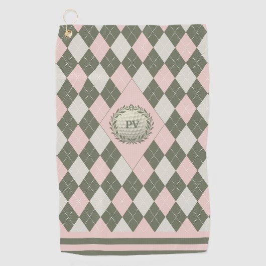 Roze Groene Argyle Monogrammed Golfhanddoek (Voorkant)