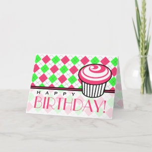 Roze & Groene Argyle Verjaardag Kaart - Roze Cupca