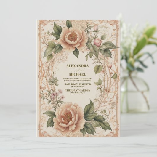 Roze Groene Art Nouveau Bloemen Bruiloft Kaart (Staand voorkant)