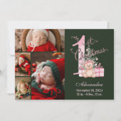 Roze Groene Baby Eerste Kerst 4 Foto Feestdagenkaart (Voorkant)