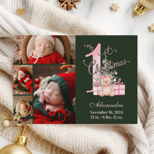 Roze Groene Baby Eerste Kerst 4 Foto Feestdagenkaart