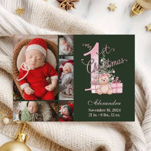 Roze Groene Baby Eerste Kerst 5 Foto Feestdagenkaart