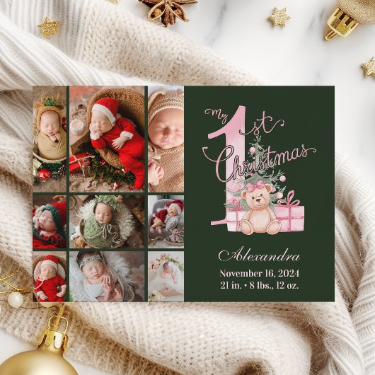 Roze Groene Baby Eerste Kerst 9 Foto Feestdagenkaart