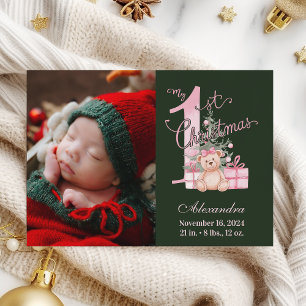 Roze groene Baby eerste kerstfoto Feestdagenkaart