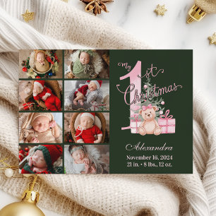 Roze Groene Baby Eerste Kerstmis 8 Foto Feestdagenkaart