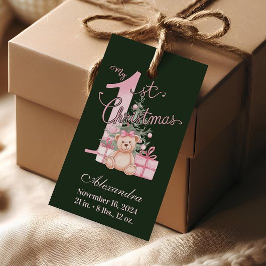 Roze Groene Baby Eerste Kerstmis Cadeaulabel