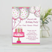 Roze Groene Ballonnen Taart Meisjes 4e Verjaardag Kaart (Staand voorkant)