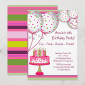 Roze Groene Ballonnen Taart Meisjes 4e Verjaardag Kaart (Voorkant / Achterkant)