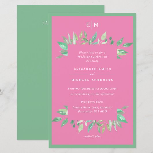 Roze Groene Bladeren Budget Trouw Uitnodigingen (Voorkant / Achterkant)