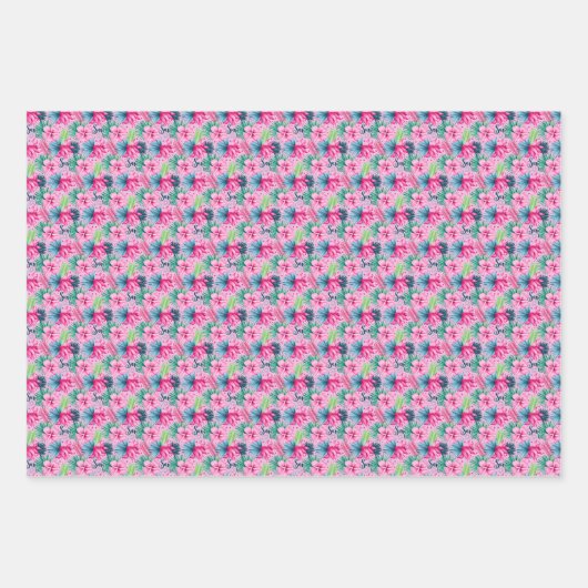 Roze Groene Blauwe Bloemen Verjaardag Bruidscadeau Inpakpapier Vel (Voorkant)