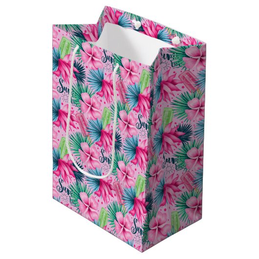 Roze groene blauwe Floral Bright Tropische verjaar Medium Cadeauzakje (Voorkant Gekanteld)