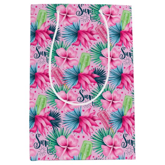 Roze groene blauwe Floral Bright Tropische verjaar Medium Cadeauzakje (Voorkant)