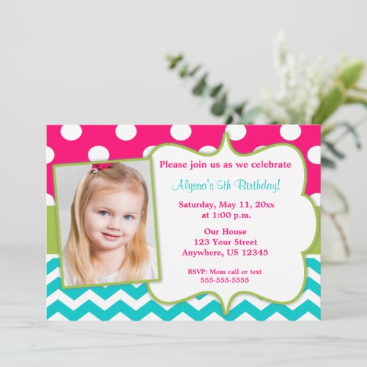 Roze groene Blauwgroen Chevron Foto uitnodigen Kaart (Staand voorkant)