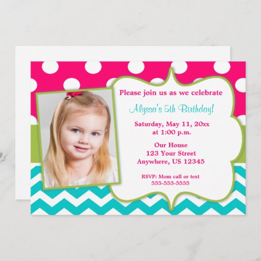 Roze groene Blauwgroen Chevron Foto uitnodigen Kaart (Voorkant / Achterkant)