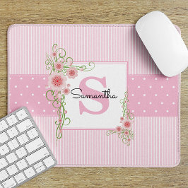 Roze groene bloem- en streepmonogram muismat